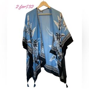 FLORAL PRINT Blue/Black Tassel Trim Beach Swim Cover Up Kimono Jacket Topper